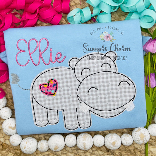 Valentine's Day hippo with hearts bean stitch applique, machine embroidery design file, quick stitch, love be mine XOXO sketch stitch hearts