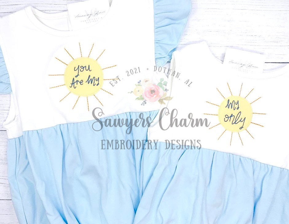 BUNDLE You are my Sunshine bean stitch & zig zag applique machine embroidery design file, quick stitch, summer, spring