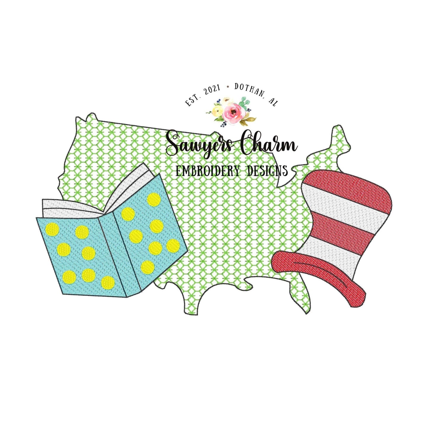 Read Across America sketch stitch/motif fill, machine embroidery design file quick stitch, book, learning, cat hat whimsical