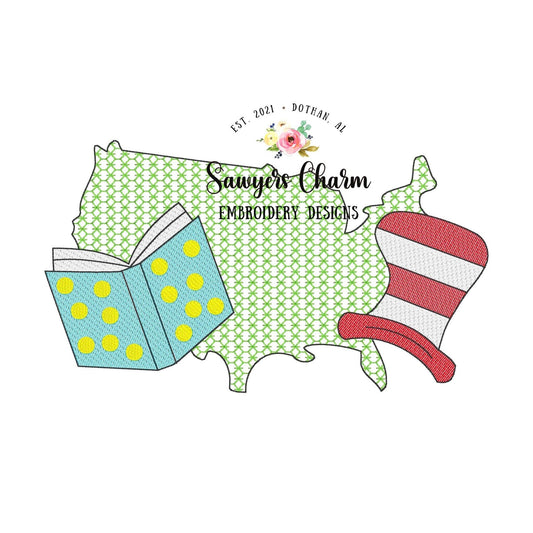 Read Across America sketch stitch/motif fill, machine embroidery design file quick stitch, book, learning, cat hat whimsical