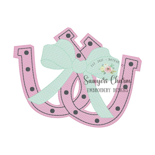 Double horse shoe with bow sketch stitch machine embroidery design file, quick stitch, horse, cow girl, farm, good luck, rodeo