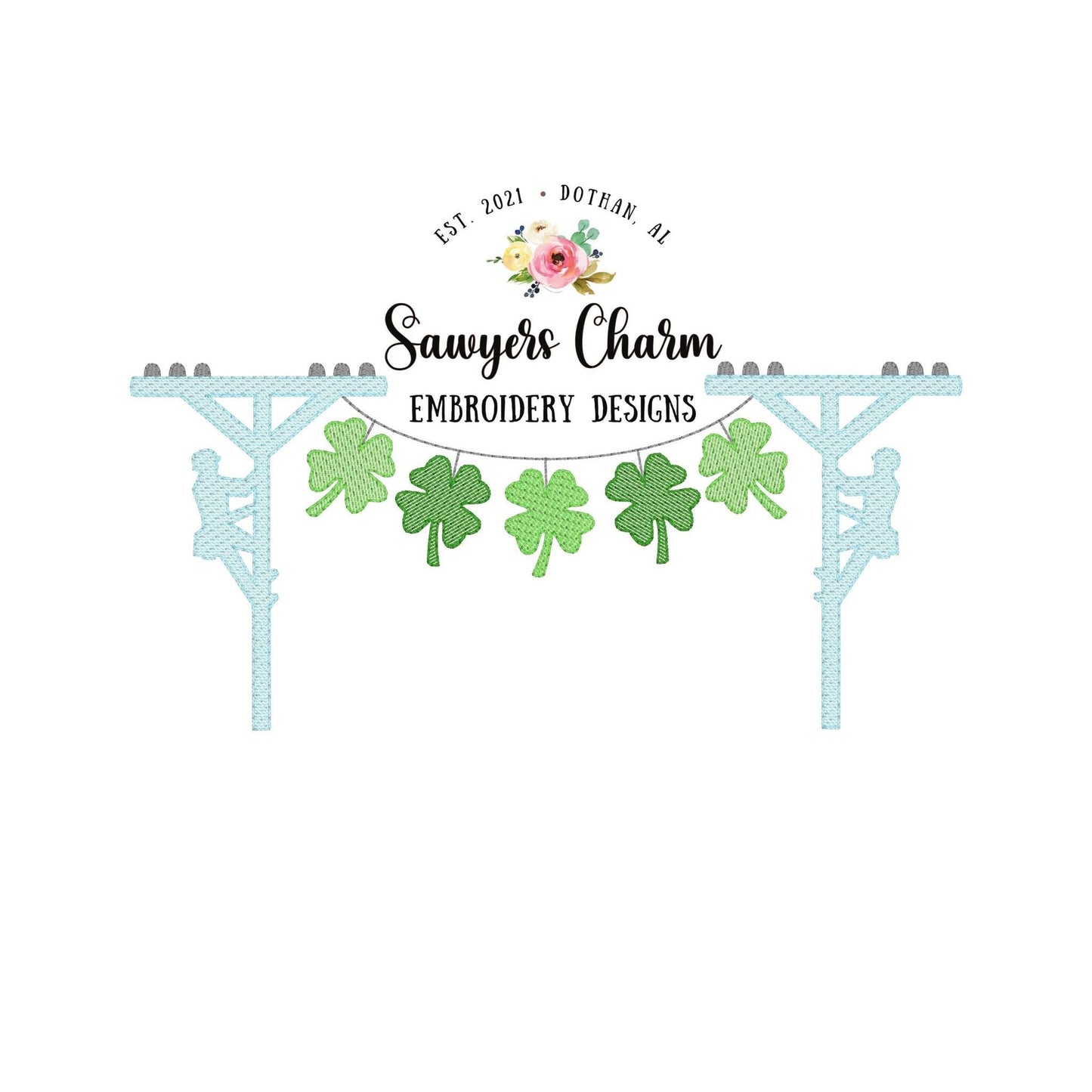St. Patrick's Day lineman four leaf clover bunting banner, sketch stitch machine embroidery design file, quick stitch, bean stitch shamrocks