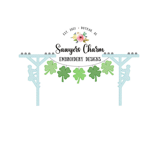 St. Patrick's Day lineman four leaf clover bunting banner, sketch stitch machine embroidery design file, quick stitch, bean stitch shamrocks