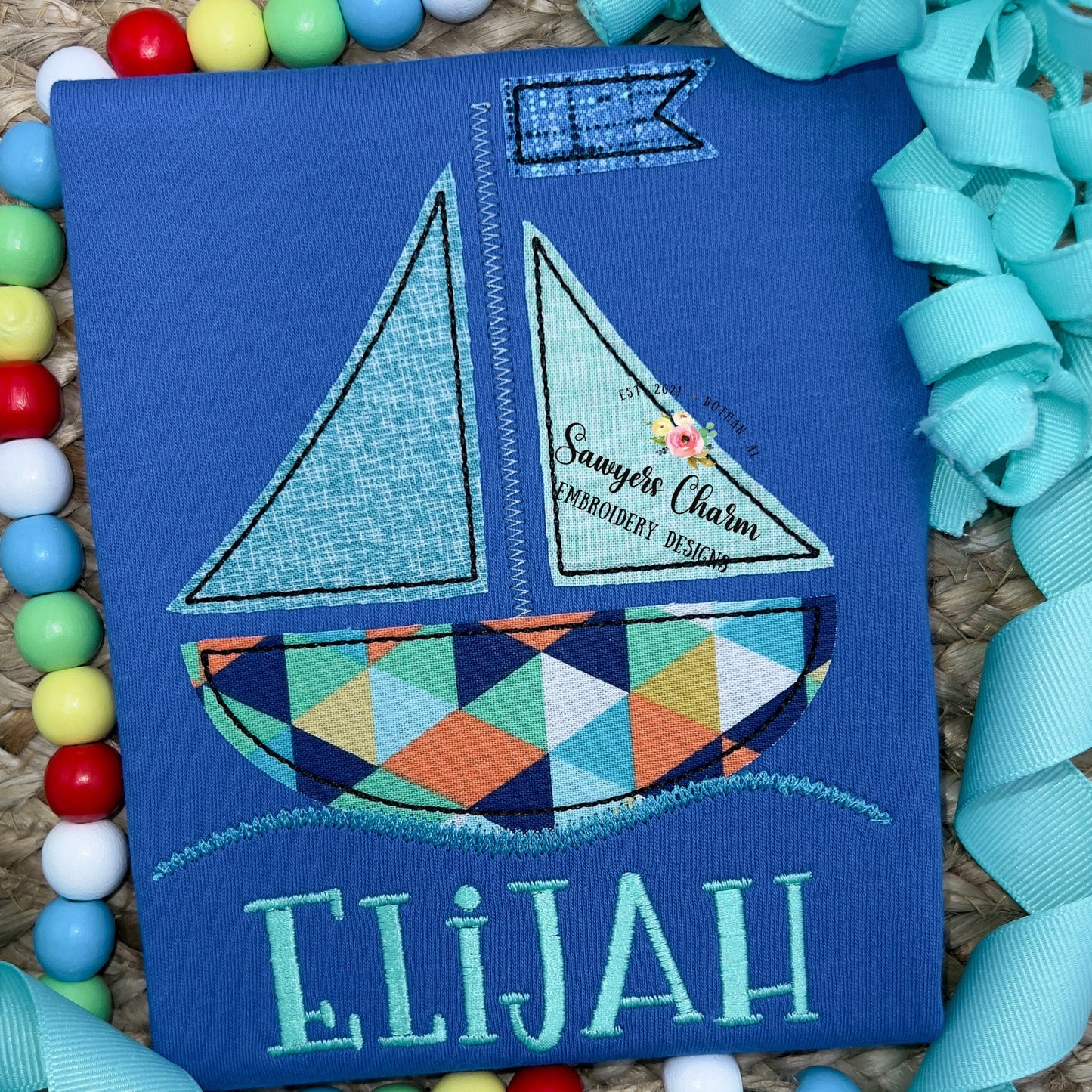 BUNDLE sailboat with & without bow bean stitch and zigzag applique machine embroidery design file, summer nautical beach, water vessel waves