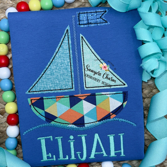 BUNDLE sailboat with & without bow bean stitch and zigzag applique machine embroidery design file, summer nautical beach, water vessel waves