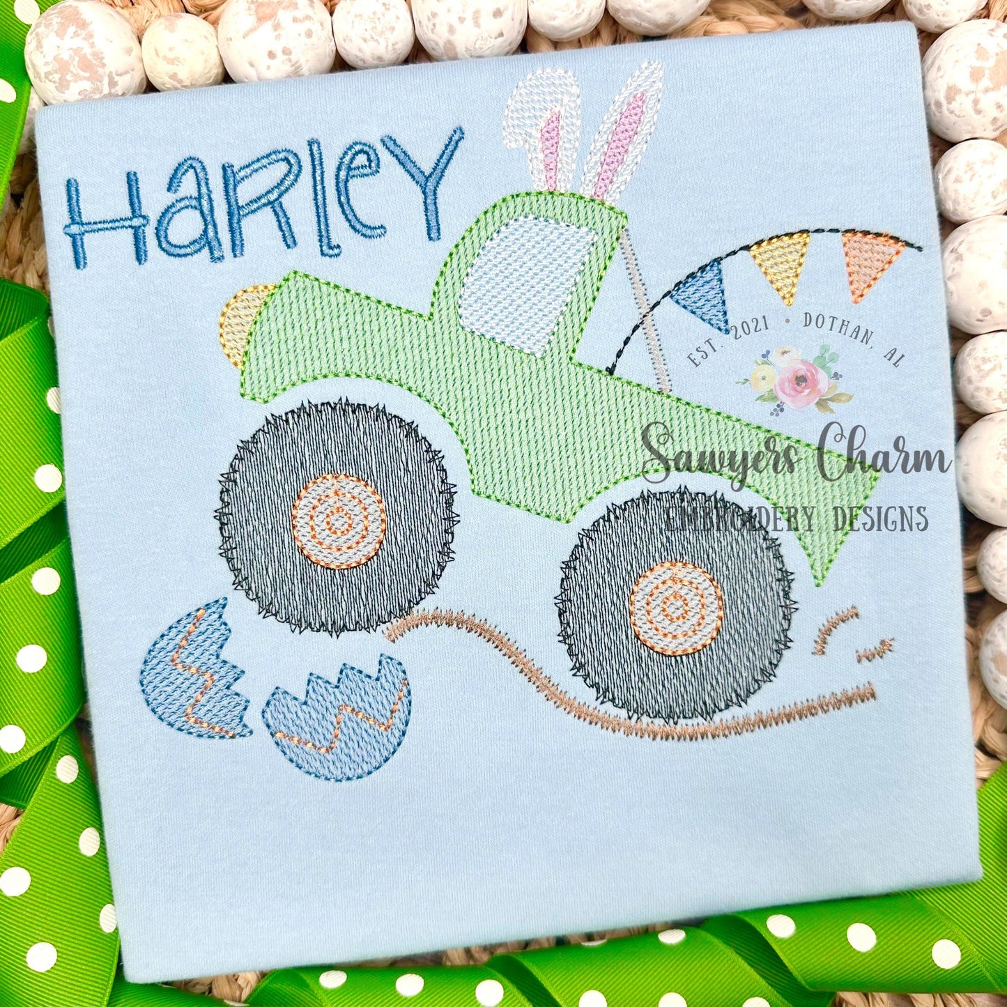 Monster truck with flags & bunny ears and eggs sketch stitch, machine embroidery design file, bean stitch, mudding, dirt, rally, Easter egg
