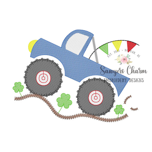 Monster truck with flags & shamrocks sketch stitch, machine embroidery design file, bean stitch, mudding, dirt, rally, St. Patrick's Day