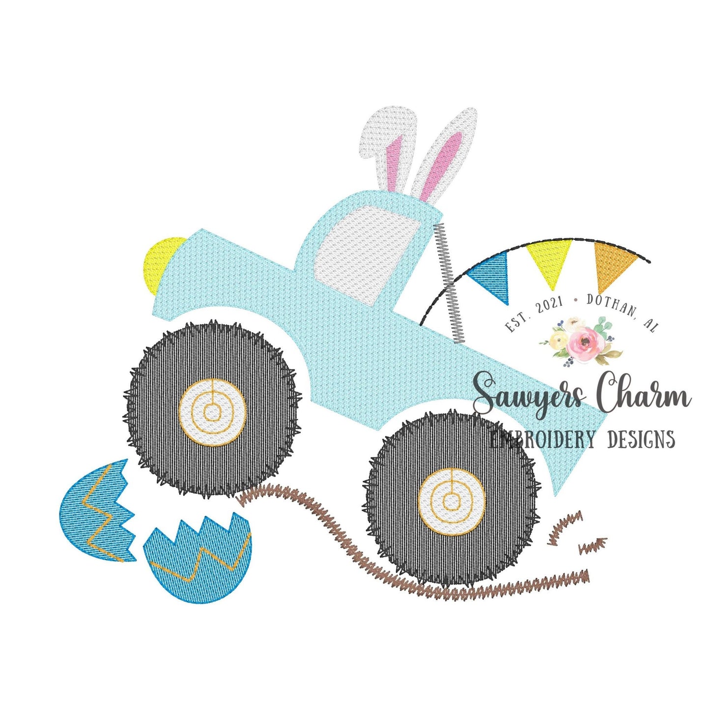 Monster truck with flags & bunny ears and eggs sketch stitch, machine embroidery design file, bean stitch, mudding, dirt, rally, Easter egg