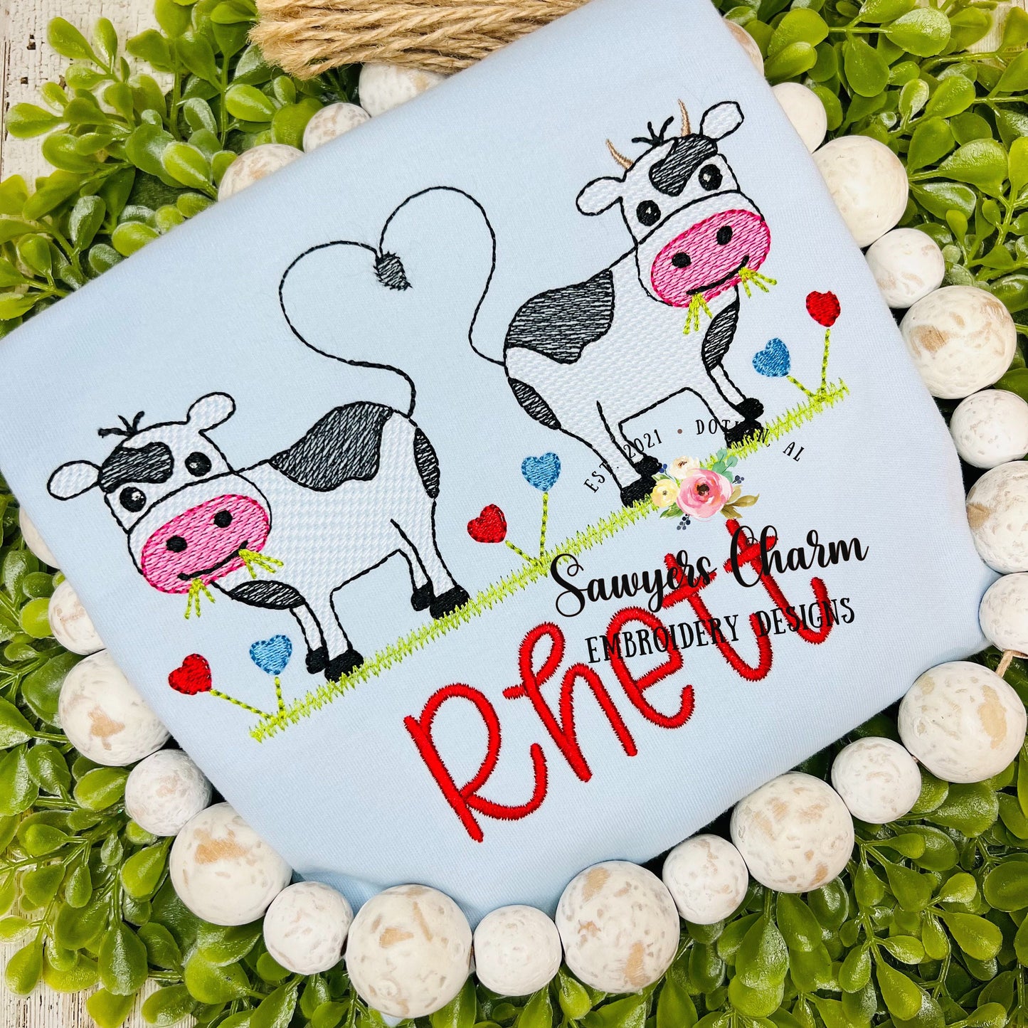 Valentine's Day Cows with hearts/flowers sketch stitch machine embroidery design file, quick stitch, bean stitch, love, farm animals, XOXO