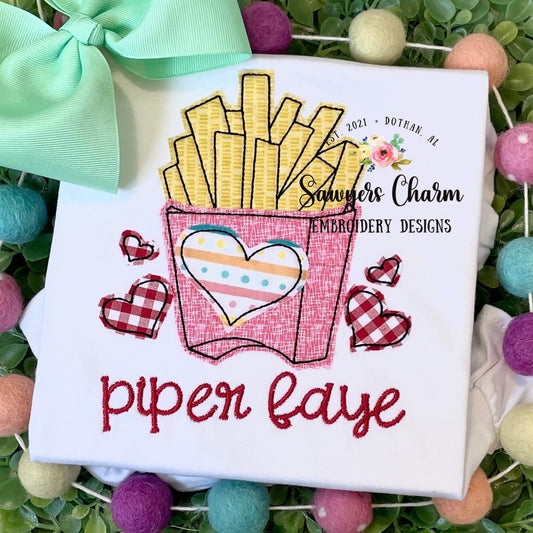 BUNDLE Valentine's Day french fries zigzag & bean stitch applique machine embroidery design file, quick stitch, love XOXO, fast food be mine