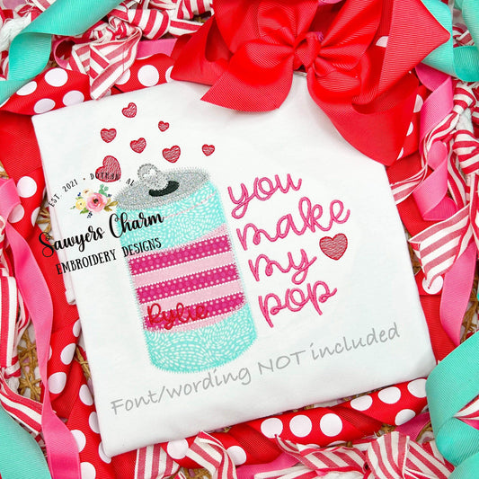 BUNDLE Soda can/pop with heart fizz bean & zigzag stitch machine applique embroidery design file, love Valentine's Day Be mine, XOXO