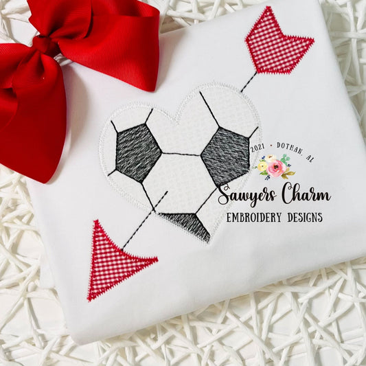 Soccer ball sports ball heart with arrow, zigzag applique machine embroidery design file, Valentine's Day, love, cupid, XOXO