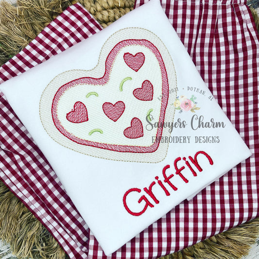 Valentine's Day heart pizza sketch stitch machine embroidery design file, quick stitch, love, XOXO, pepperoni, crust, peppers, be mine