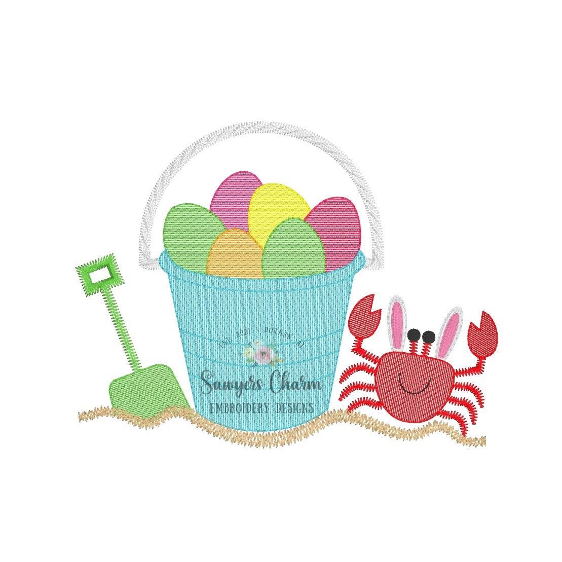 Easter egg sand pail beach crab with bunny ears sketch stitch machine embroidery design file, bucket, basket, shovel, sand castle, rabbit