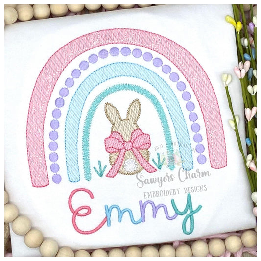Easter bunny rainbow with bow in grass sketch stitch machine embroidery design file, quick stitch, french knot tail, peter cottontail rabbit