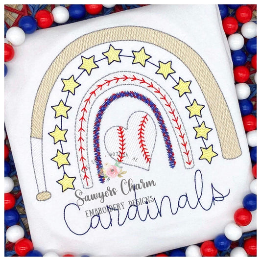 Baseball bat rainbow heart shaped ball sketch stitch machine embroidery design file, spring, summer, all star, little league, pitcher mound