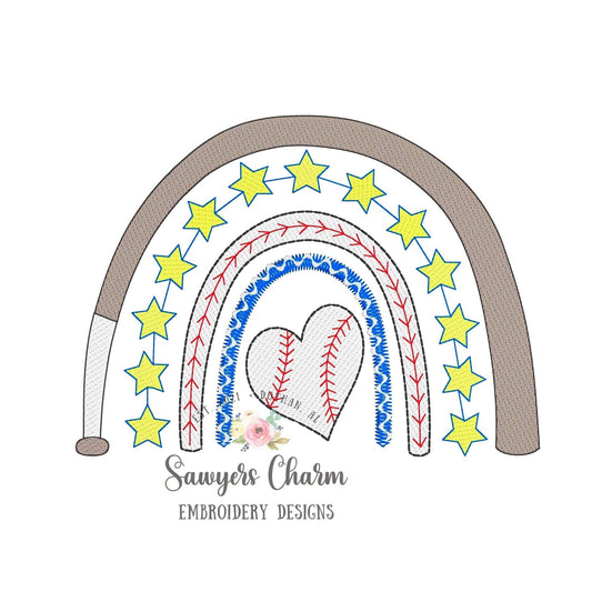 Baseball bat rainbow heart shaped ball sketch stitch machine embroidery design file, spring, summer, all star, little league, pitcher mound