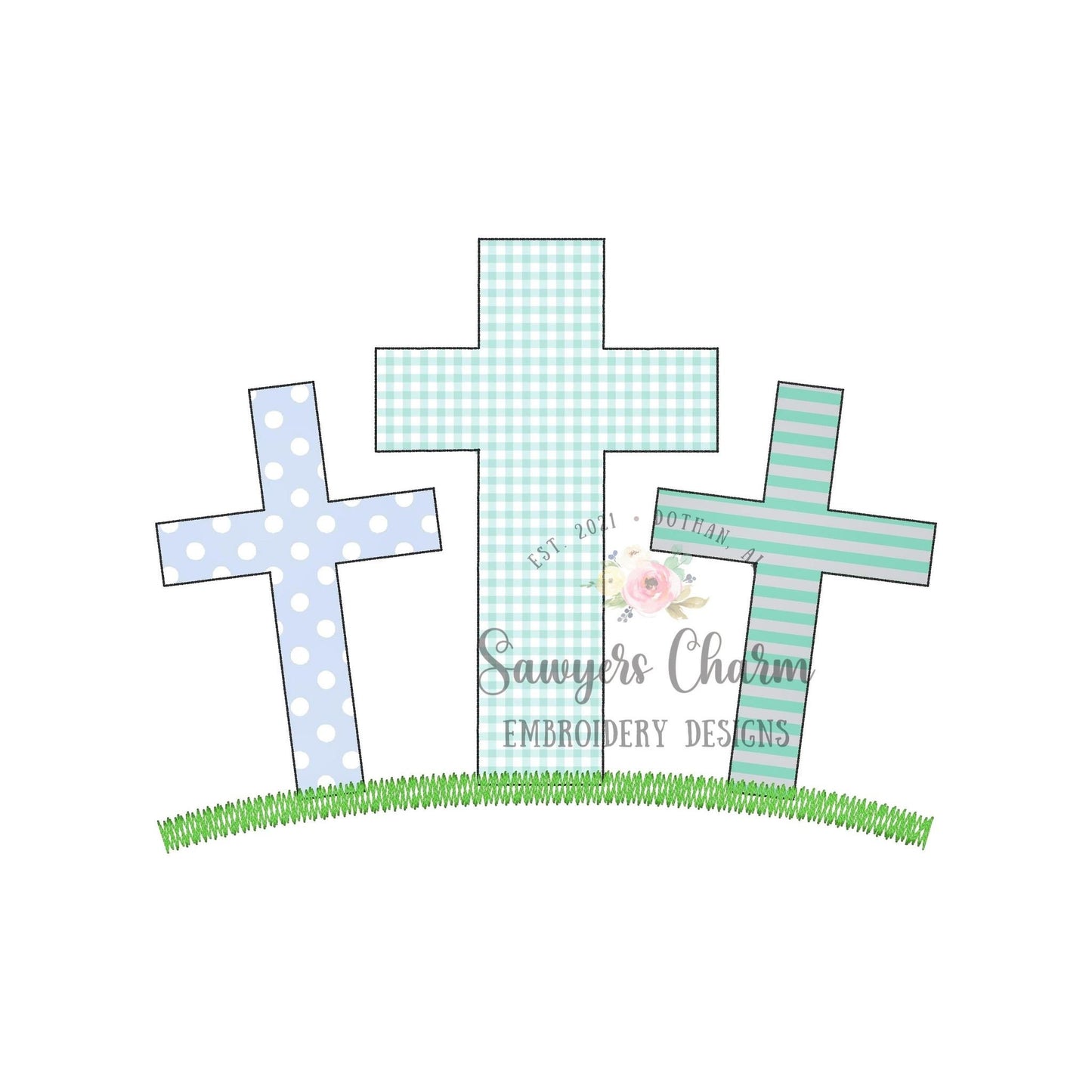 BUNDLE Cross trio bean stitch applique, grass with & without daffodils, machine embroidery design file, quick stitch, Easter, He is risen