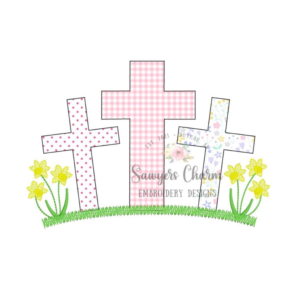 BUNDLE Cross trio bean stitch applique, grass with & without daffodils, machine embroidery design file, quick stitch, Easter, He is risen