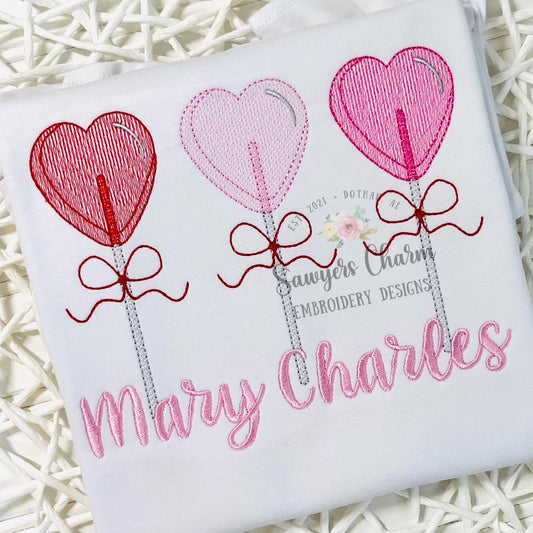 Valentine's Day lollipop heart suckers trio with & without bows sketch stitch machine embroidery design file, quick stitch love XOXO be mine