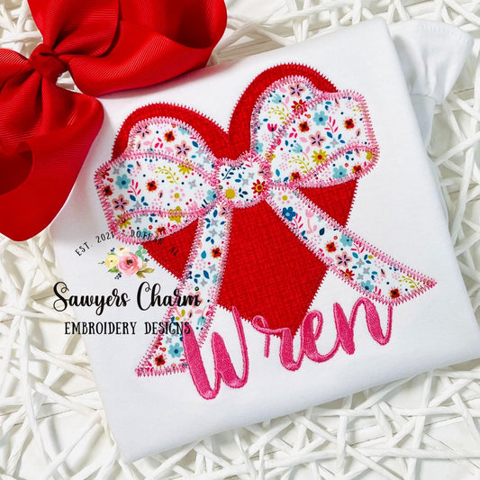 BUNDLE Valentine's Day heart with bow, bean stitch/zig zag machine applique embroidery design file, quick stitch, love, XOXO, hugs & kisses