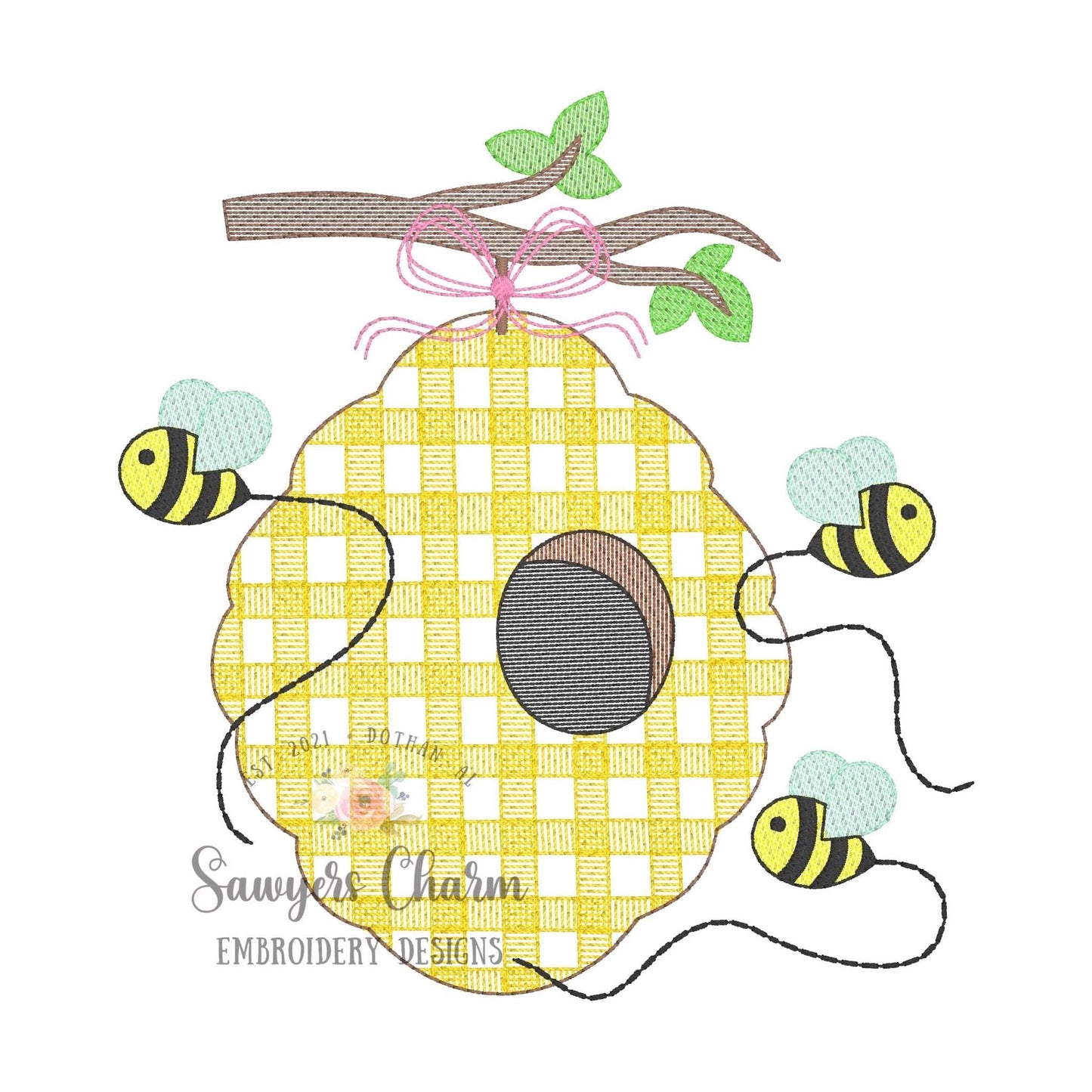 BUNDLE Gingham beehive bumble bees with & without bow sketch machine embroidery design file, bean stitch, spring summer, bugs, outdoors