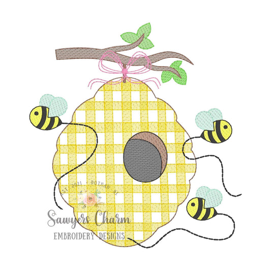 BUNDLE Gingham beehive bumble bees with & without bow sketch machine embroidery design file, bean stitch, spring summer, bugs, outdoors