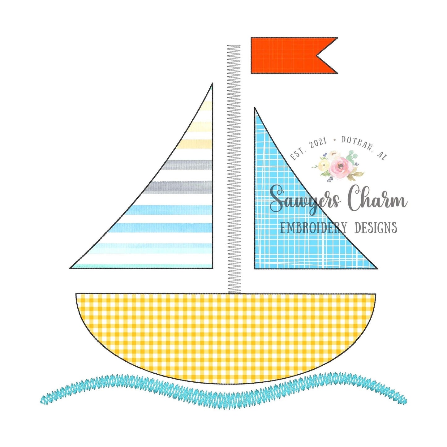 BUNDLE sailboat with & without bow bean stitch and zigzag applique machine embroidery design file, summer nautical beach, water vessel waves