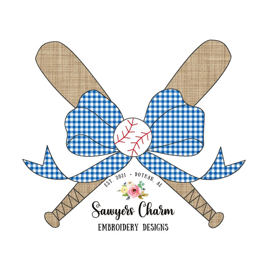 BUNDLE Baseball bats with bow bean & zig zag stitch machine embroidery design file, softball player, ballgame sports outfield, quick stitch