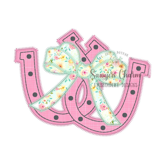 BUNDLE Double horse shoe with coquette bow bean & zigzag stitch applique, machine embroidery design file, quick stitch, horse cow girl, luck