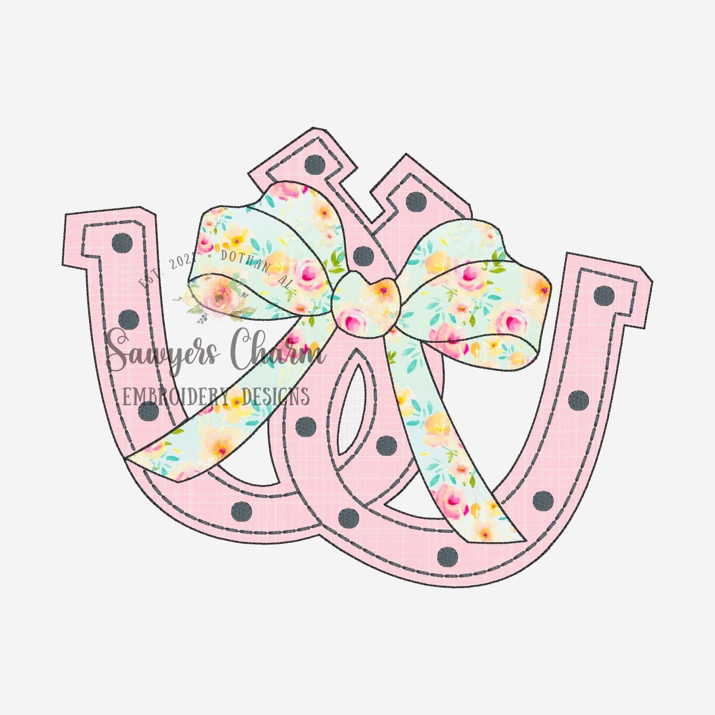 BUNDLE Double horse shoe with coquette bow bean & zigzag stitch applique, machine embroidery design file, quick stitch, horse cow girl, luck