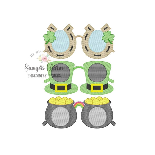 St. Patrick's Day sunglasses trio sketch stitch machine embroidery design file, sunnies, shades, horseshoe, shamrock pot of gold, leprechaun
