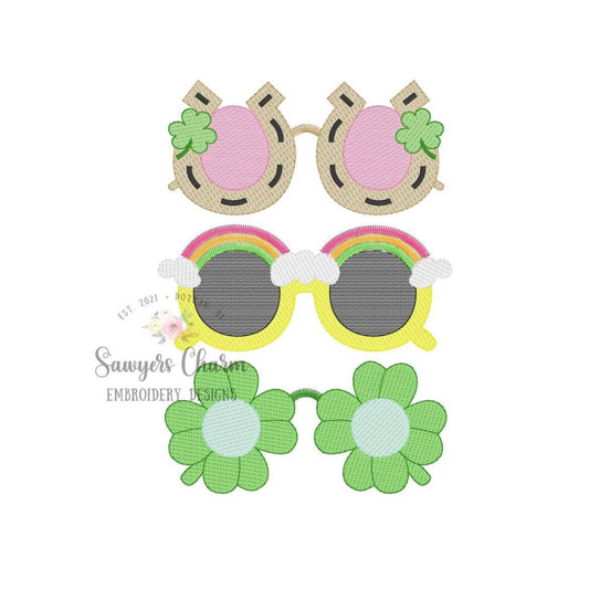 St. Patrick's Day sunglasses trio sketch stitch machine embroidery design file, sunnies, shades, horseshoe, shamrock/clover, rainbow