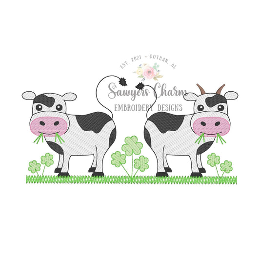 St. Patrick's Day cows with shamrocks/clovers sketch stitch machine embroidery design file, quick stitch, bean stitch farm animals good luck