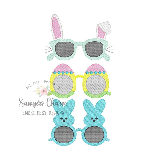 Easter sunglasses trio sketch stitch light fill machine embroidery design file, sunnies, shades, bunny rabbit, peeps candy, egg hunt, spring