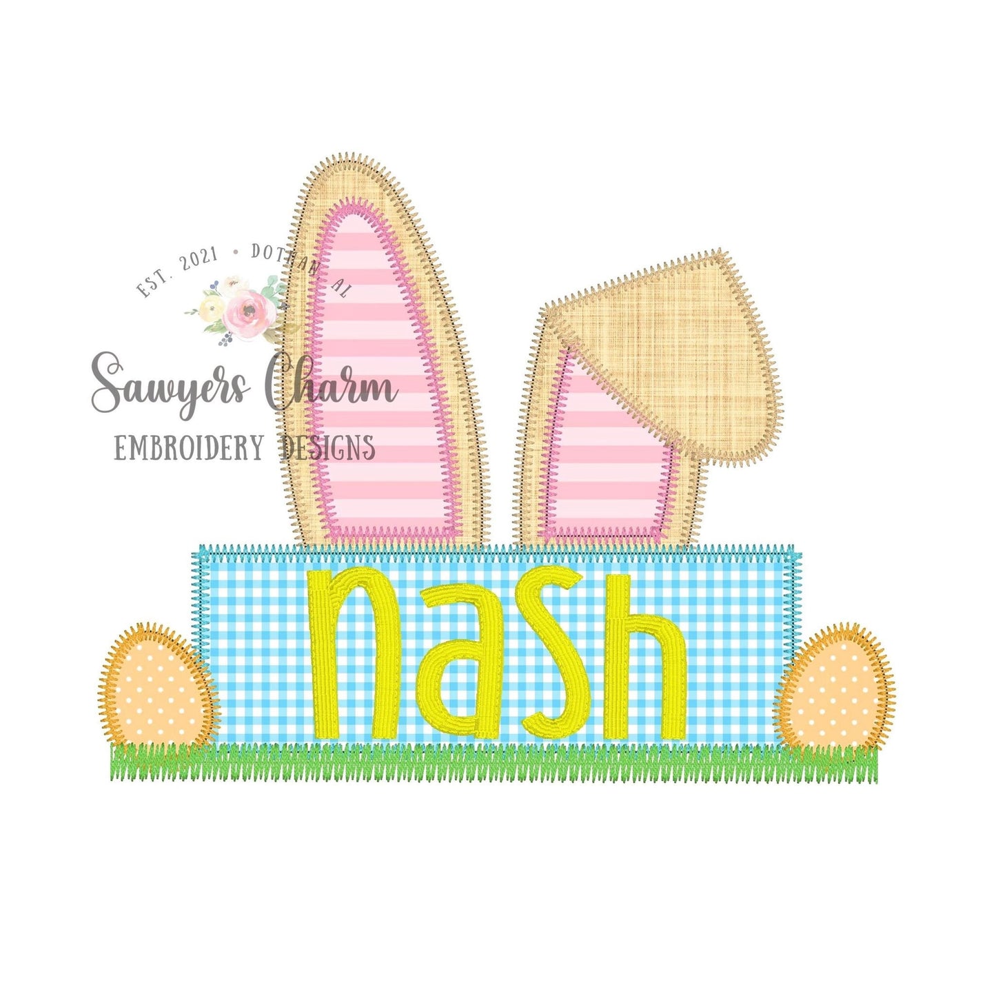 BUNDLE Easter bunny ears nameplate & eggs zigzag stitch applique, machine embroidery design file, quick stitch, rabbit, peter cottontail