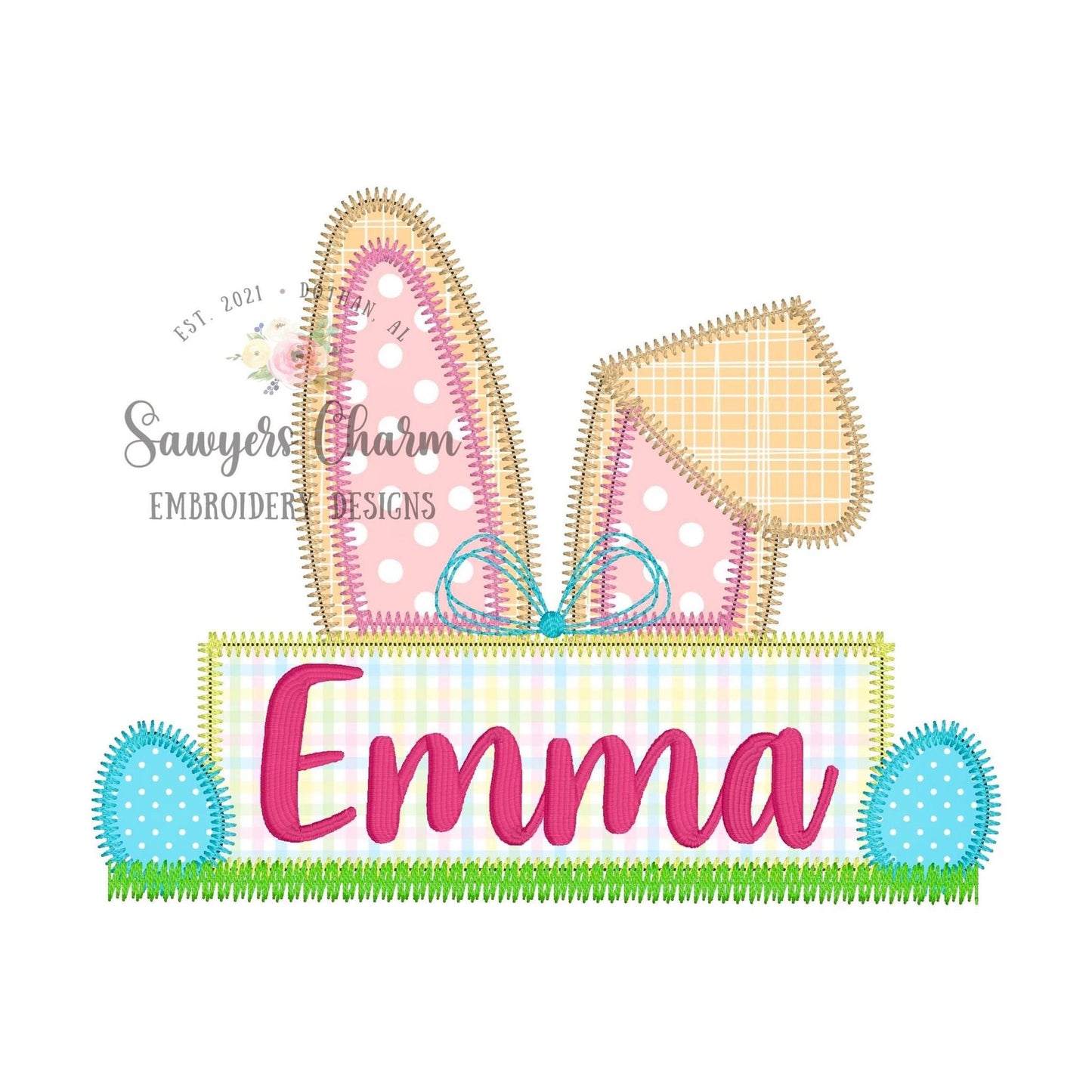 BUNDLE Easter bunny ears nameplate & eggs zigzag stitch applique, machine embroidery design file, quick stitch, rabbit, peter cottontail