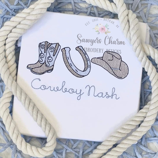 Cowboy boots/horse shoe/hat trio sketch stitch machine embroidery design file, bean stitch, quick stitch, Nashville country music, cowboy
