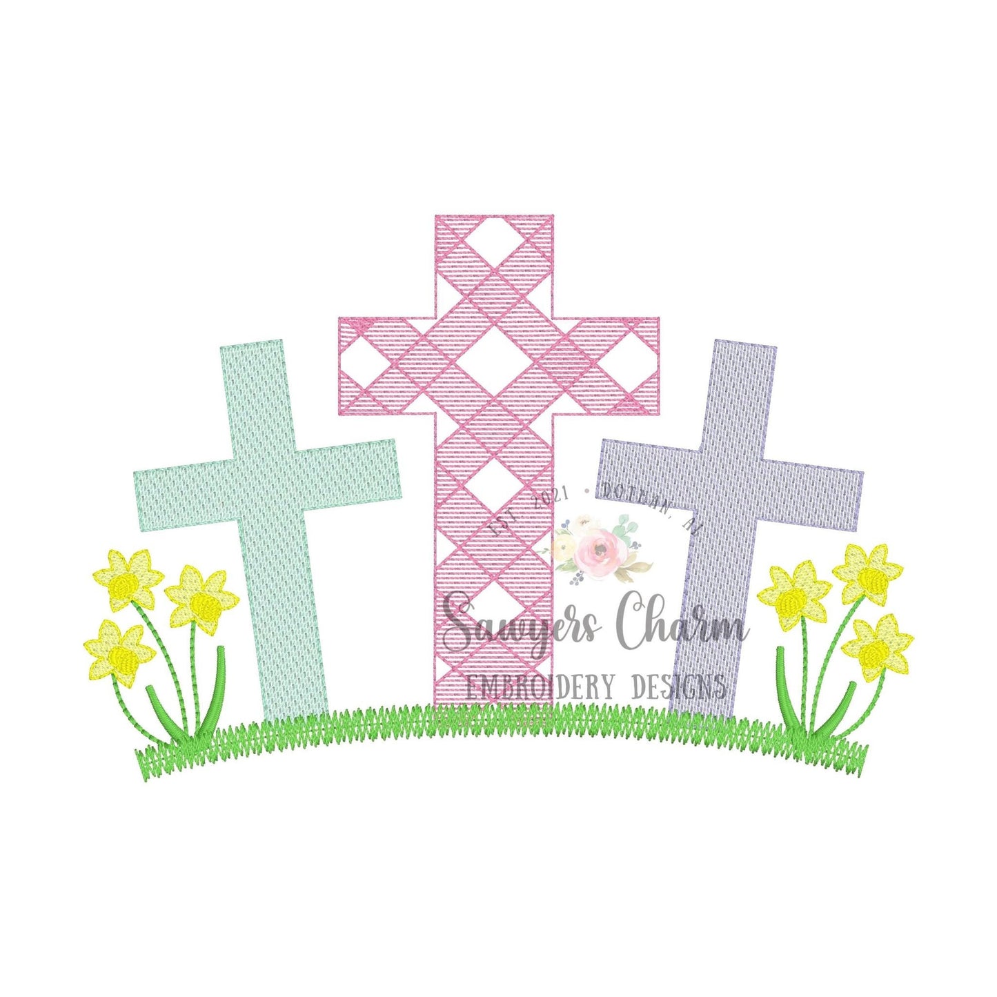 BUNDLE Gingham cross trio grass with & without daffodils sketch stitch machine embroidery design file, quick stitch, Easter, He is risen