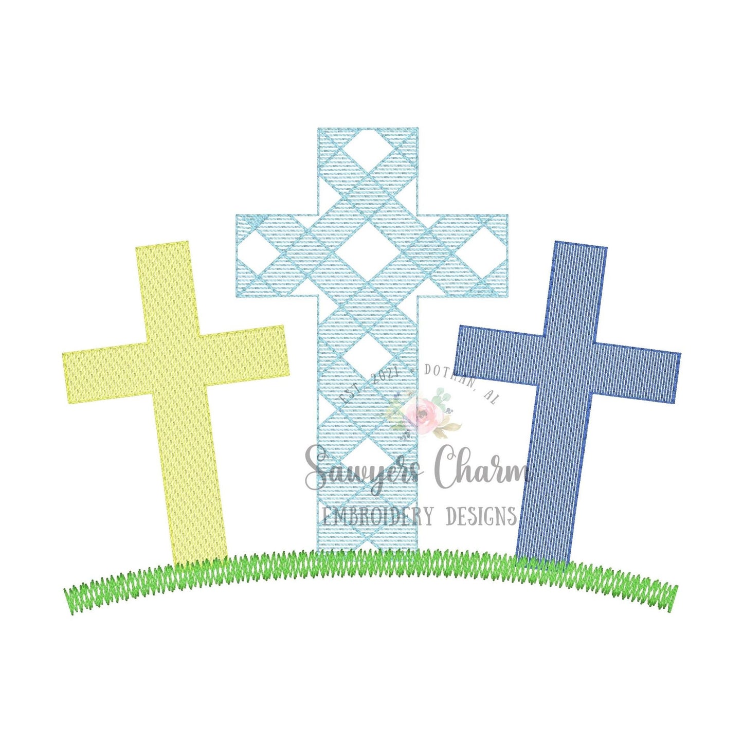 BUNDLE Gingham cross trio grass with & without daffodils sketch stitch machine embroidery design file, quick stitch, Easter, He is risen