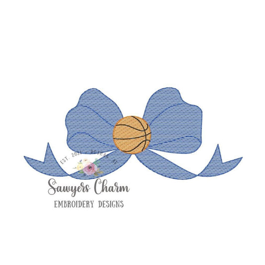 Bow with basketball sketch stitch machine embroidery design file, ballgame sports, quick stitch, bean stitch, goal, hoops, courtside