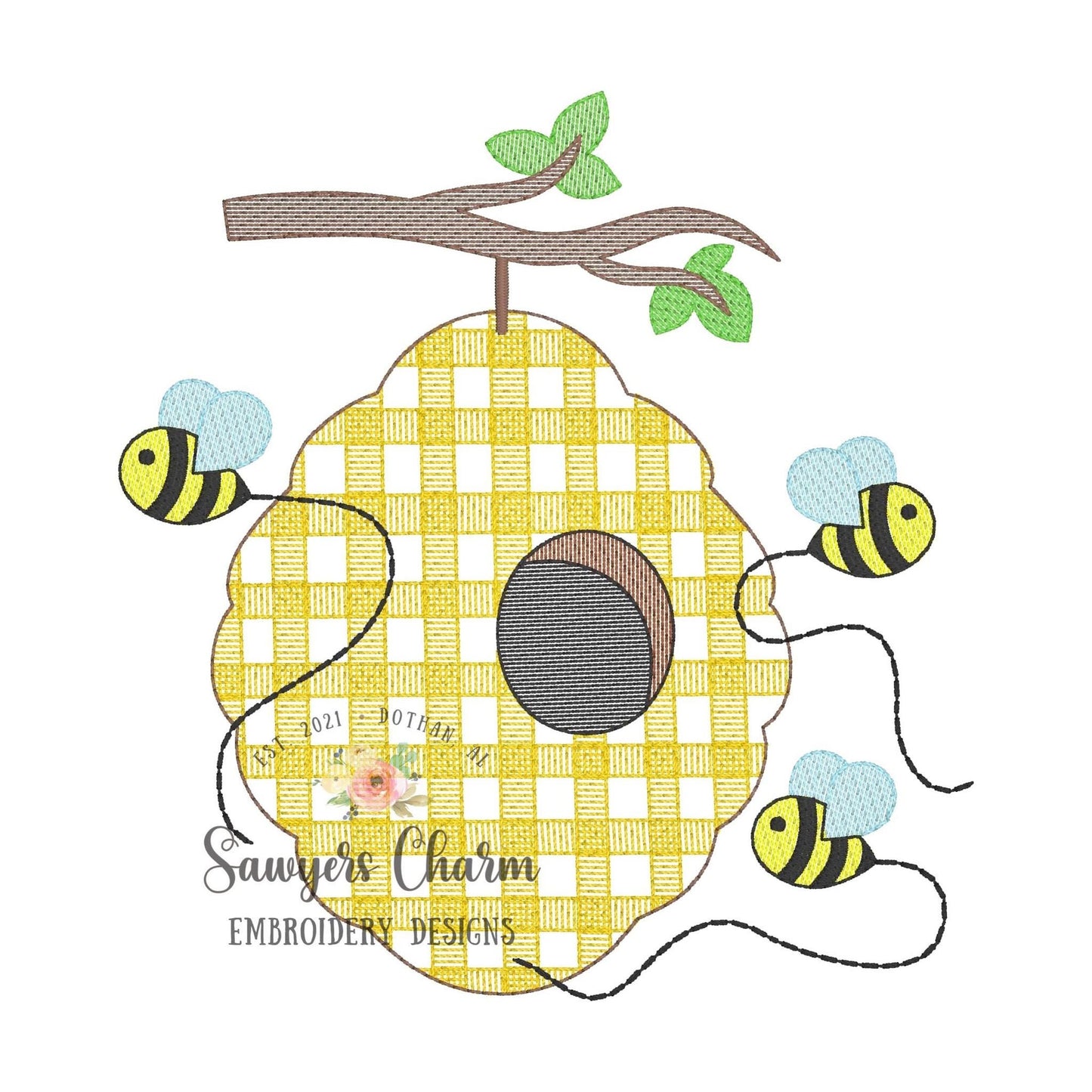 BUNDLE Gingham beehive bumble bees with & without bow sketch machine embroidery design file, bean stitch, spring summer, bugs, outdoors