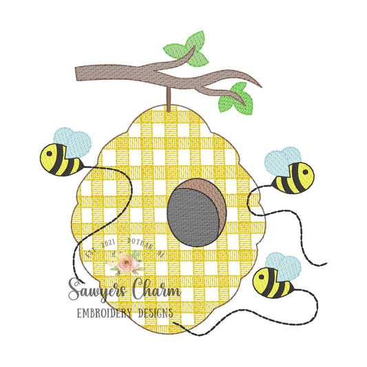 BUNDLE Gingham beehive bumble bees with & without bow sketch machine embroidery design file, bean stitch, spring summer, bugs, outdoors