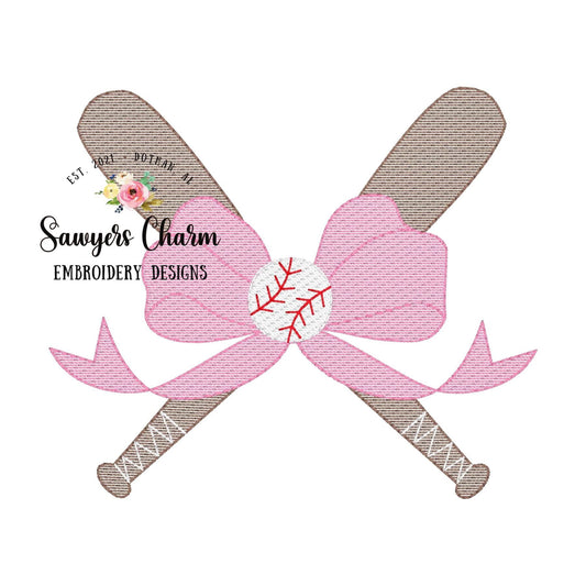 Baseball bats with bow sketch stitch machine embroidery design file, softball player, ballgame sports outfield, quick stitch, bean stitch