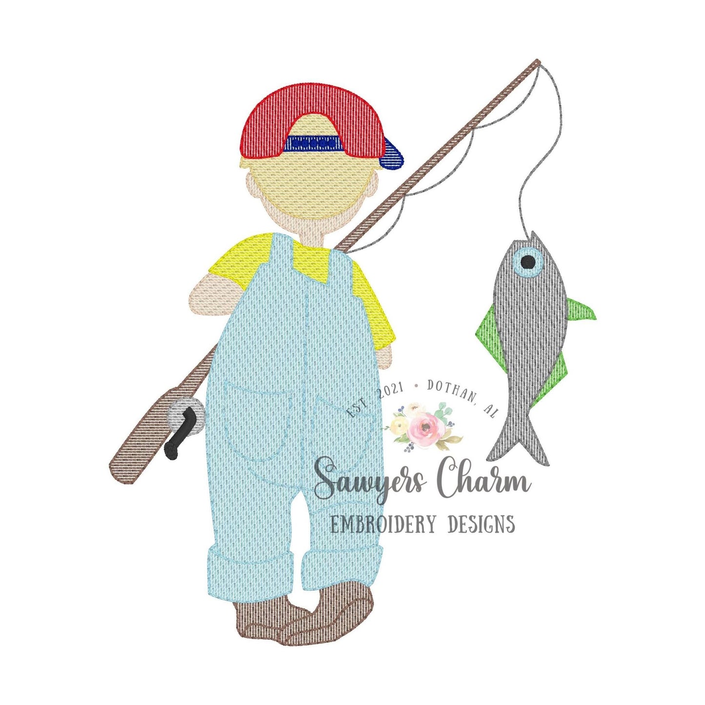 Little boy fishing sketch stitch machine embroidery design file, fishing pole, spring summer, quick stitch, baseball hat/cap, outdoors