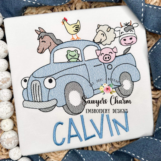 Blue truck with farm animals sketch stitch, machine embroidery design file, bean stitch, transportation, beep beep, oink baa moo, chicken
