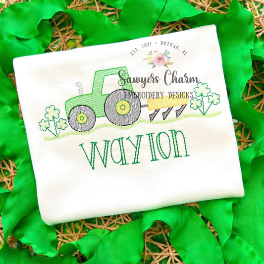 BUNDLE Tractor shamrocks/clovers with & without bow sketch stitch machine embroidery design file, bean stitch farming plow St. Patrick's Day