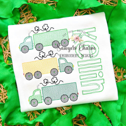 Semi big truck trio with shamrock smoke sketch stitch machine embroidery design file, bean stitch details, transportation vehicle, hauler
