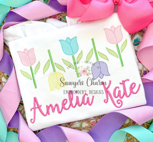 Row of tulips sketch stitch machine embroidery design file, quick stitch, spring flowers, bean and satin stitch