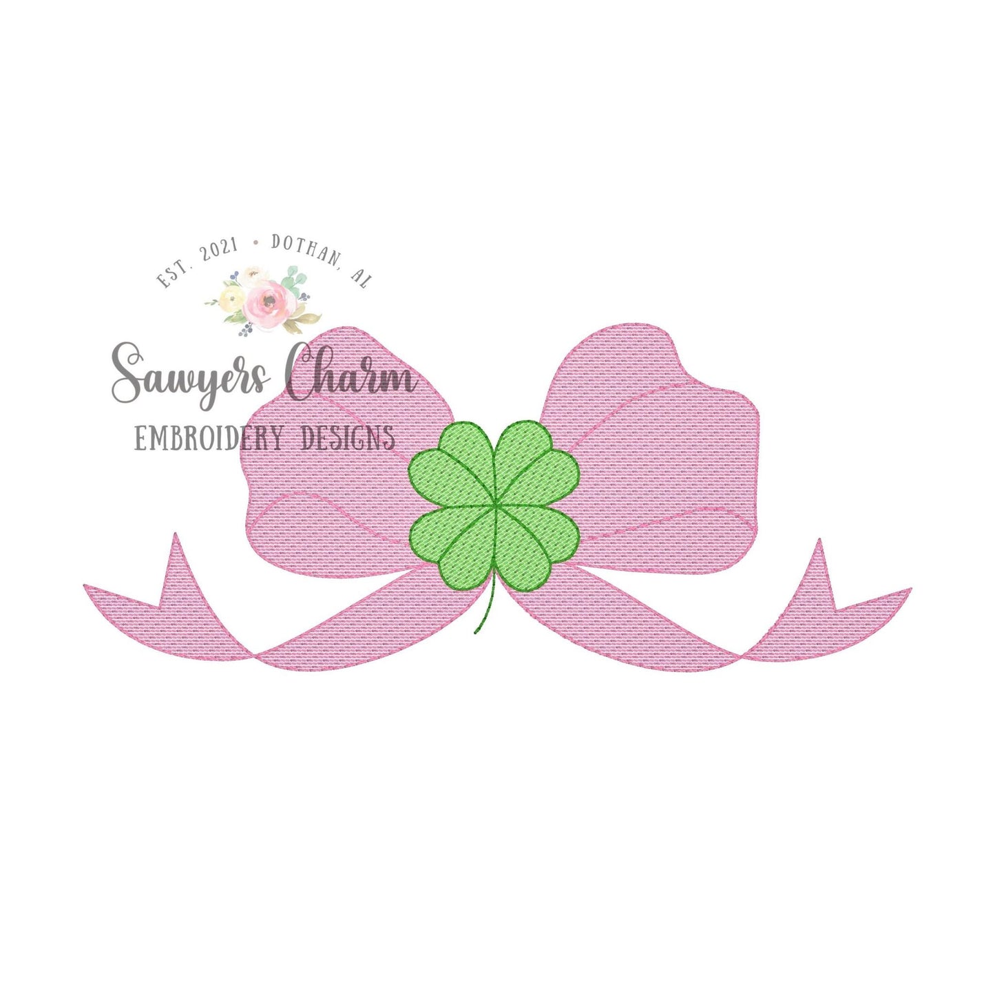 St. Patrick's Day bow with clover/shamrock sketch stitch/bean stitch machine embroidery design file, quick stitch, monogram topper, lucky